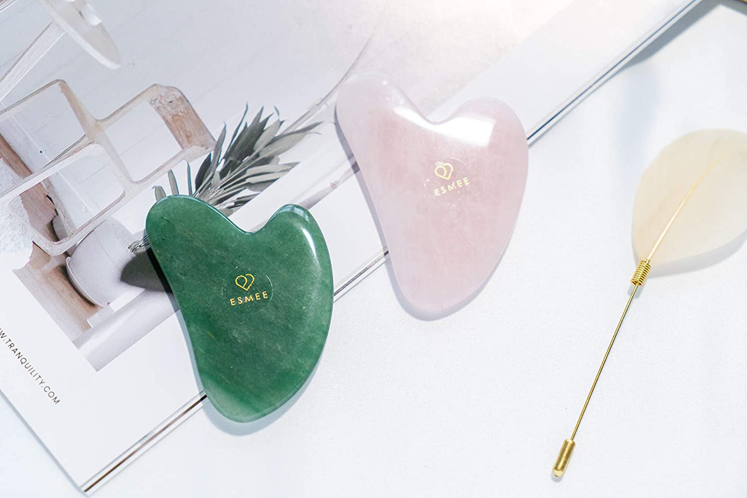Gua Sha Facial Tool Set by Esmee 2 in 1 Premium Massage Therapy Tools Jade and Rose Quartz Guasha Face Massage Tool Anti-Aging Beauty Therapy for Skin Rejuvenation Face Scraping Tools (Heart Shape) Health & Beauty > Personal Care > Cosmetics > Cosmetic Tools > Skin Care Tools Esmee Beauty and Lifestyle   