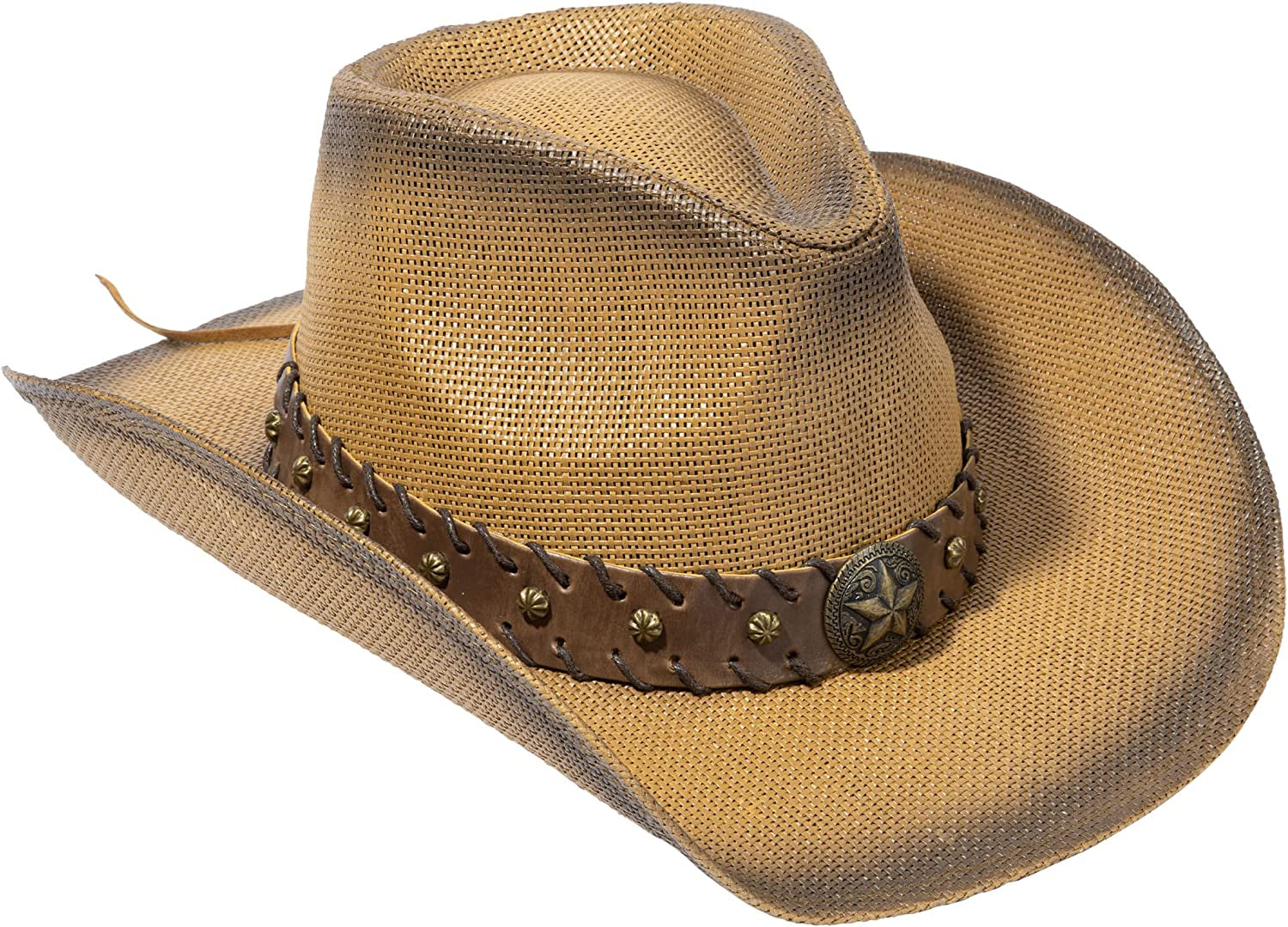 Livingston Men & Women'S Woven Straw Cowboy Hat W/Hat Band Apparel & Accessories > Clothing Accessories > Hats KYLIE MAX Brown Star  