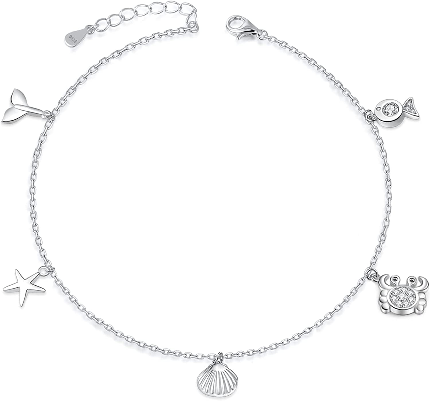 BEILIN 925 Sterling Silver Seabeach Anklets for Women Teen Girls Ocean Ankle Bracelets for Women Apparel & Accessories > Jewelry > Anklets BEILIN Whale tail turtle 8.6+2  