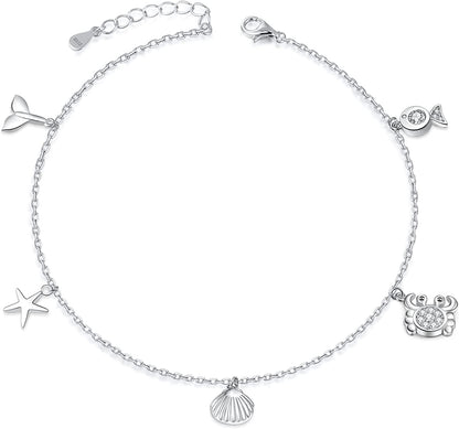 BEILIN 925 Sterling Silver Seabeach Anklets for Women Teen Girls Ocean Ankle Bracelets for Women Apparel & Accessories > Jewelry > Anklets BEILIN Whale tail turtle 8.6+2  