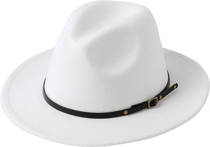 Lanzom Womens Classic Wide Brim Floppy Panama Hat Belt Buckle Wool Fedora Hat Apparel & Accessories > Clothing Accessories > Hats Lanzom White One Size 