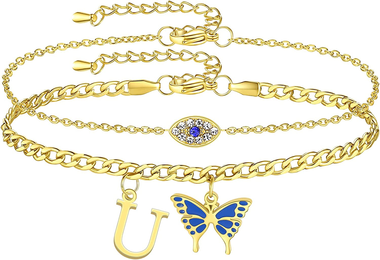SAM & LORI 2 Pcs Anklets Set 18K Gold Plated Dainty Layered Personalized Initial Anklets Bracelets - Blue Butterfly - Sparkling CZ Evil Eye - Adjustable Summer Jewelry for Women Teen Girls Apparel & Accessories > Jewelry > Anklets SAM & LORI "Butterfly Evil Eye - U  