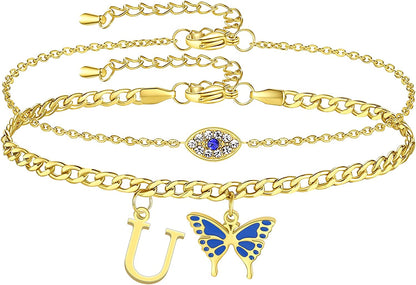 SAM & LORI 2 Pcs Anklets Set 18K Gold Plated Dainty Layered Personalized Initial Anklets Bracelets - Blue Butterfly - Sparkling CZ Evil Eye - Adjustable Summer Jewelry for Women Teen Girls Apparel & Accessories > Jewelry > Anklets SAM & LORI "Butterfly Evil Eye - U  