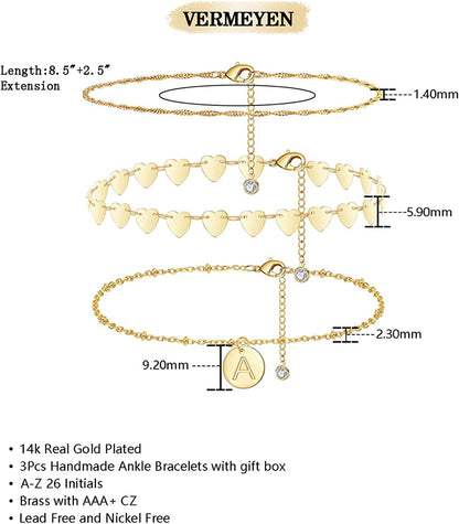 Initial Gold Ankle Bracelets for Women 14K Gold Plated Anklet Heart Chain Anklet Dainty Engraved a to Z Letter Charm Alphabet Satellite Beaded Layered Anklet Set 3Pcs Apparel & Accessories > Jewelry > Anklets Vermeyen   