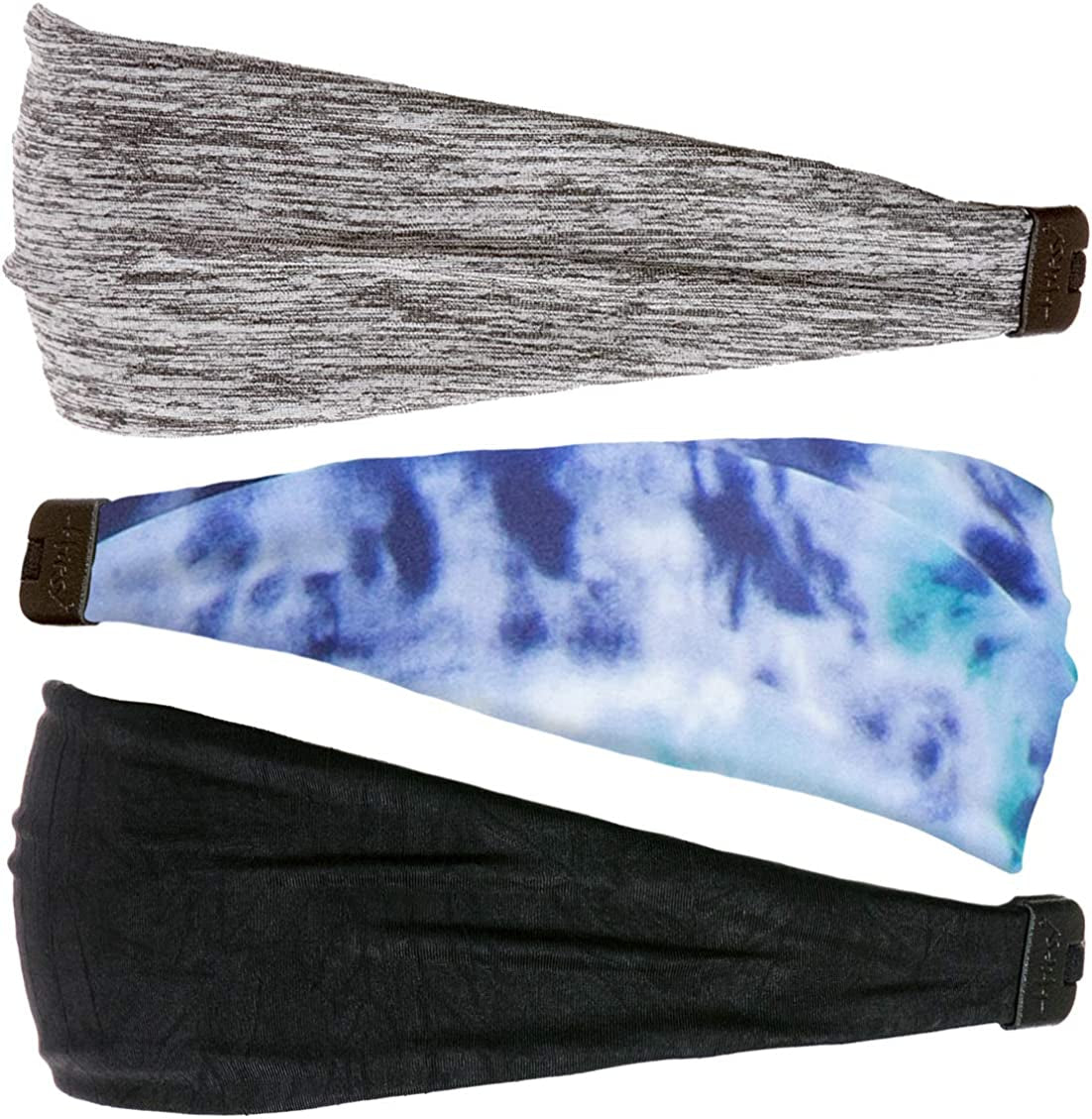 Hipsy Adjustable & Stretchy Printed Xflex Wide Headbands for Women Girls & Teens Apparel & Accessories > Clothing Accessories > Bandanas & Headties Hipsy Black/Blue Tie Dye/Grey Xflex 3pk  