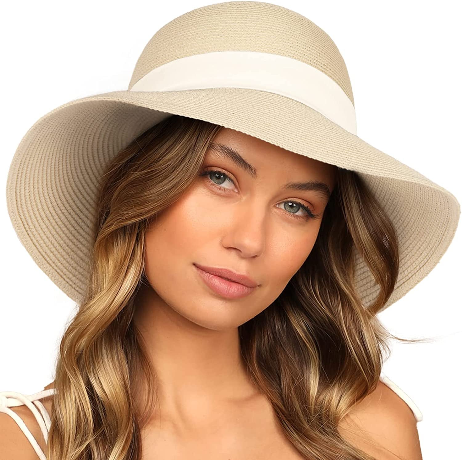 FURTALK Sun Hats for Women Wide Brim Straw Hat Beach Hat UPF UV Foldable Packable Cap for Travel Apparel & Accessories > Clothing Accessories > Hats KYLIE MAX Beige+beige Ribbon Medium 