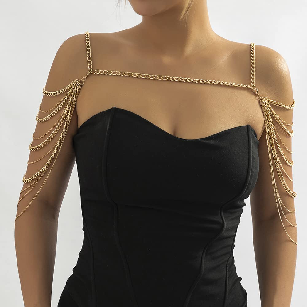 Missgrace Bride Women Shiny Statement Tassel Body Chain Jewelry Shawl Silver Gold Dainty Body Jewelry Layered Shoulder Chain Wedding Party Nightclub Body Accessories Jewelry for Women Bride (Gold) Apparel & Accessories > Jewelry > Body Jewelry Missgrace   