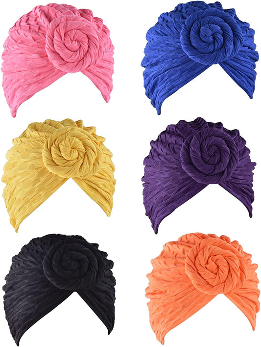 WKJHO 6 Pieces Women Turban Hat African Flower Knot Pre-Tied Bonnet Beanie Cap Headwrap for Girls Apparel & Accessories > Clothing Accessories > Headwear Generic Orange  