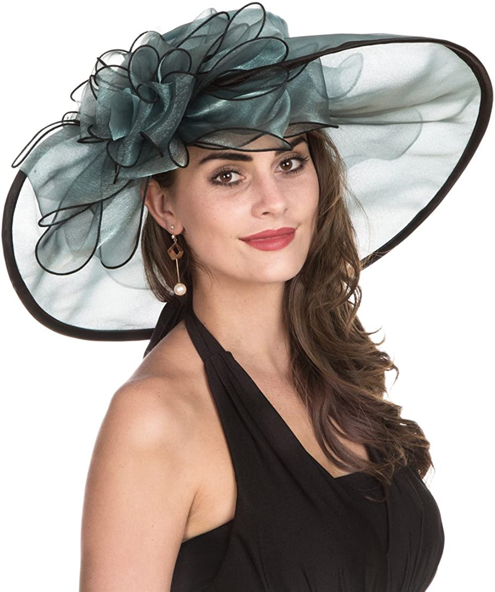 Lucky Leaf Women Kentucky Derby Church Cap Wide Brim Summer Sun Hat for Party Wedding Apparel & Accessories > Clothing Accessories > Headwear Lucky Leaf Large Peacock Blue/Black  