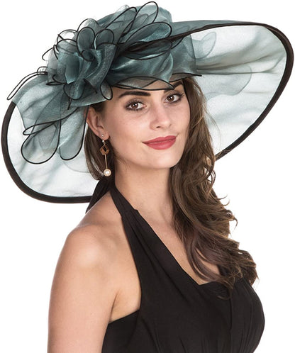 Lucky Leaf Women Kentucky Derby Church Cap Wide Brim Summer Sun Hat for Party Wedding Apparel & Accessories > Clothing Accessories > Headwear Lucky Leaf Large Peacock Blue/Black  