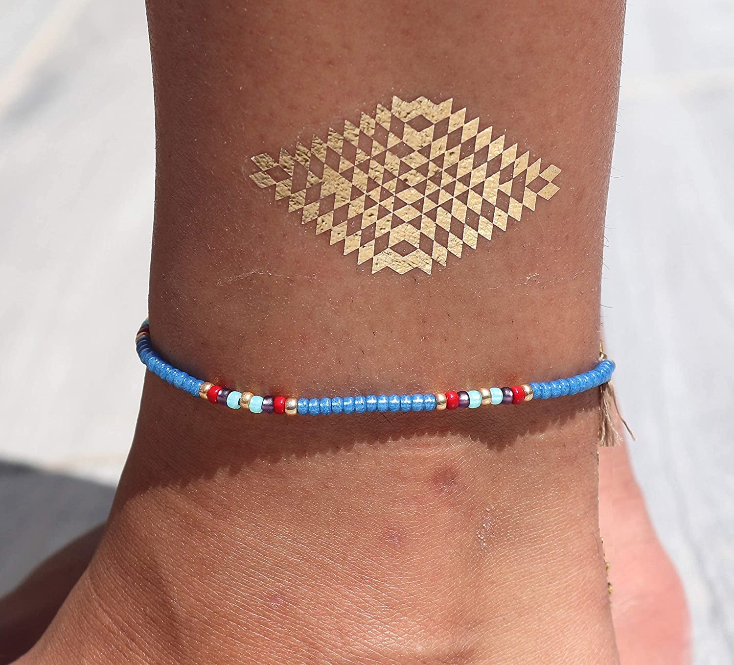 Beaded Anklet for Women, Unique Boho Bohemian Hippie Native American Beach Waterproof Anklet, Blue Gold Colorful, Handmade by Tribes Apparel & Accessories > Jewelry > Anklets Tribes by Sara K   