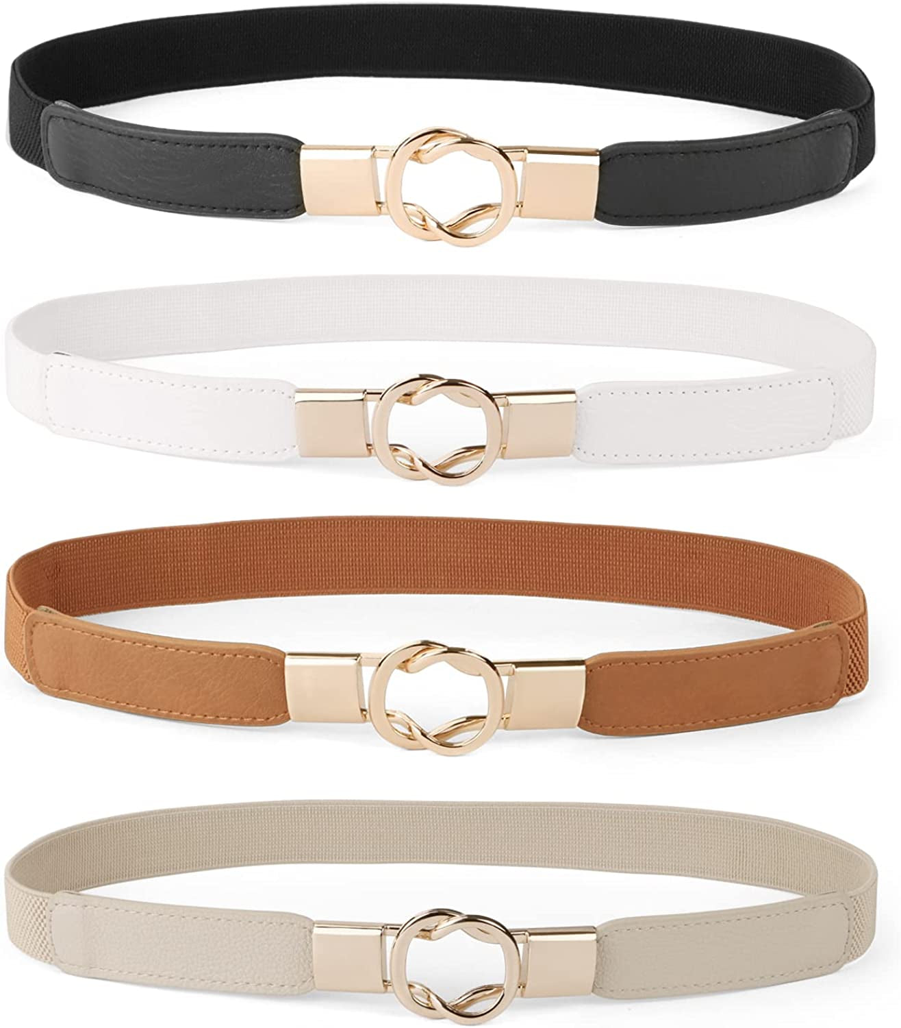 Women Skinny Belt for Dresses Retro Stretch Ladies Waist Belt plus Size Set of 4 Apparel & Accessories > Clothing Accessories > Belts WERFORU J-black+brown+white+beige Fits Waist 30"-42" 