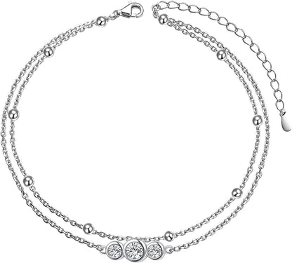 Flyow Anklet for Women S925 Sterling Silver Adjustable Foot Beaded Heart Charm Ankle Bracelet Anklets Jewelry Apparel & Accessories > Jewelry > Anklets FLYOW tri cz  