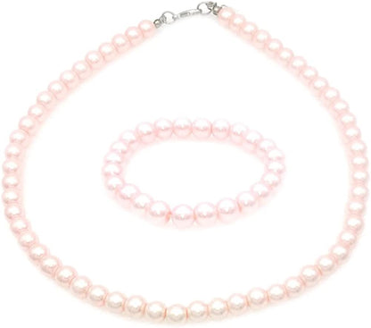 8Mm Faux Pearl Necklace Elastic Bracelet Jewelry Set Beige White Pink Fake Pearl Jewelry Pink