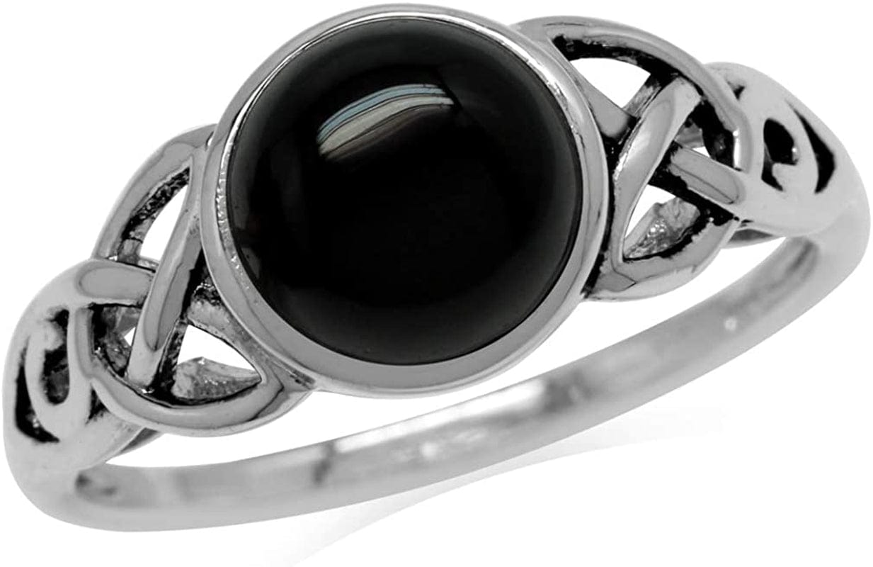 8Mm Genuine round Shape Black Onyx 925 Sterling Silver Triquetra Celtic Knot Solitaire Ring 8