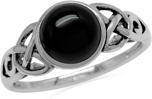8Mm Genuine round Shape Black Onyx 925 Sterling Silver Triquetra Celtic Knot Solitaire Ring 8