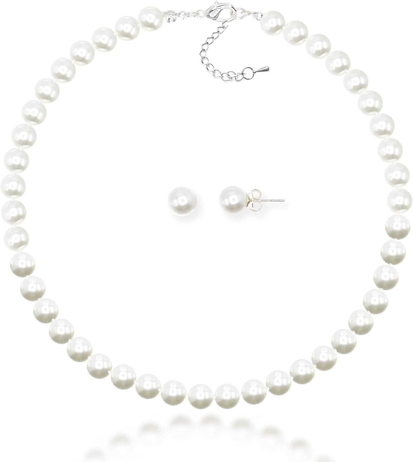 8Mm Hand-Knotted Glass Shell Pearl Necklace Sterling Silver Stud Earring Set - Women Girls Wedding Bridal Tea Party Daily Wear Necklace Set White / 16.0 Inches