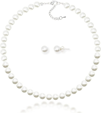 8Mm Hand-Knotted Glass Shell Pearl Necklace Sterling Silver Stud Earring Set - Women Girls Wedding Bridal Tea Party Daily Wear Necklace Set White / 16.0 Inches