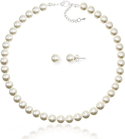 8Mm Hand-Knotted Glass Shell Pearl Necklace Sterling Silver Stud Earring Set - Women Girls Wedding Bridal Tea Party Daily Wear Necklace Set Ivory / 14.0 Inches