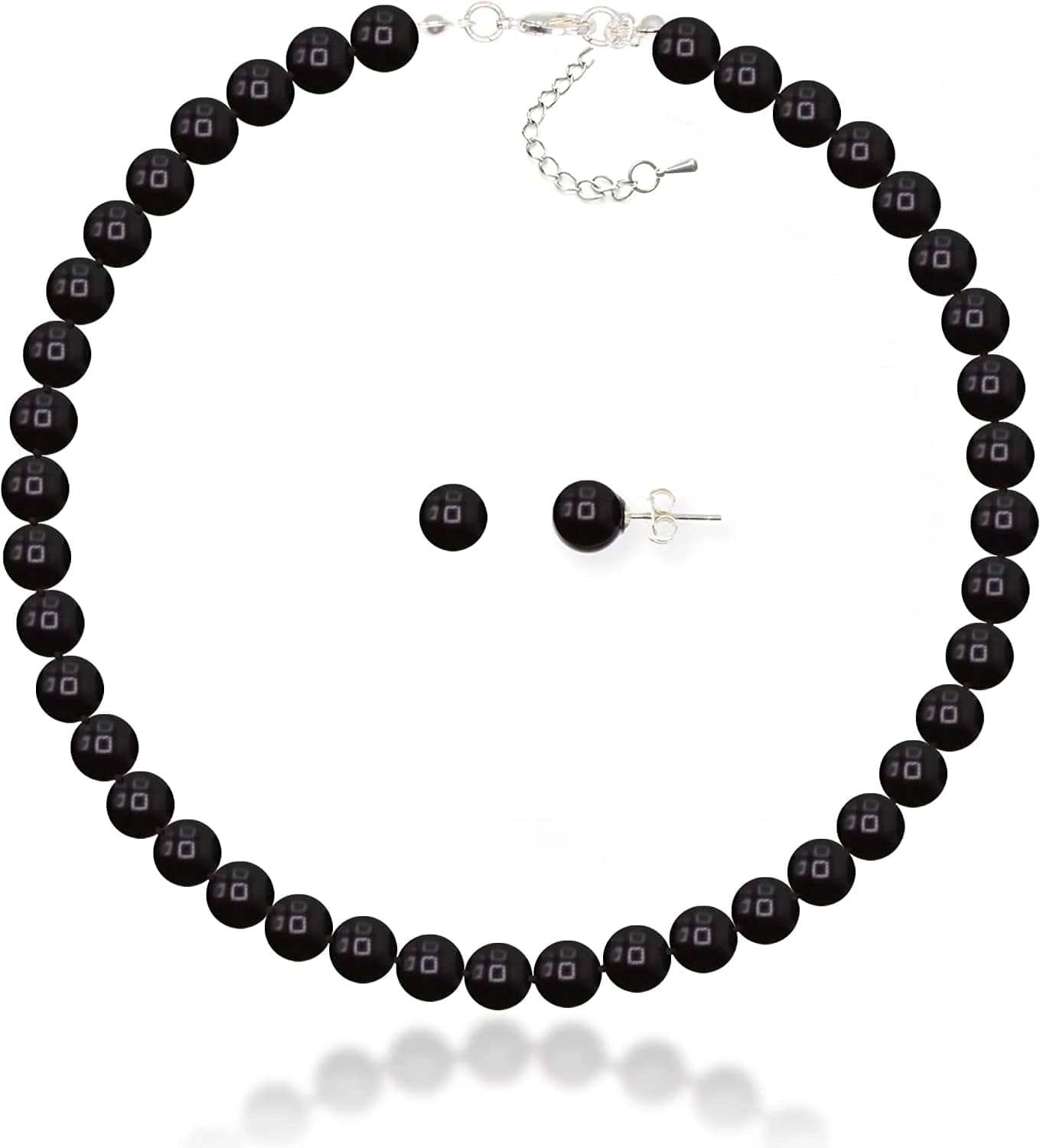 8Mm Hand-Knotted Glass Shell Pearl Necklace Sterling Silver Stud Earring Set - Women Girls Wedding Bridal Tea Party Daily Wear Necklace Set Black / 16.0 Inches