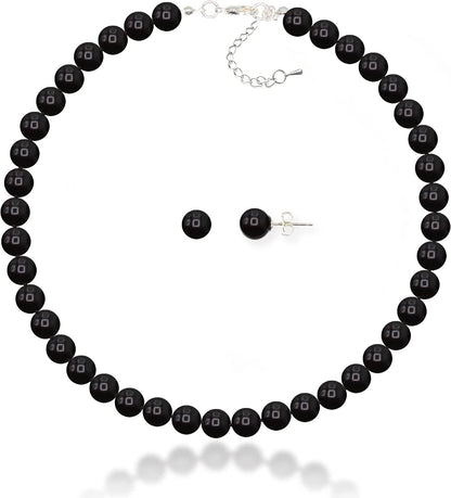 8Mm Hand-Knotted Glass Shell Pearl Necklace Sterling Silver Stud Earring Set - Women Girls Wedding Bridal Tea Party Daily Wear Necklace Set Black / 16.0 Inches