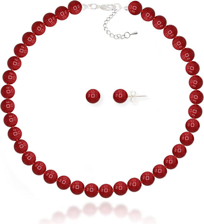 8Mm Hand-Knotted Glass Shell Pearl Necklace Sterling Silver Stud Earring Set - Women Girls Wedding Bridal Tea Party Daily Wear Necklace Set Red / 16.0 Inches