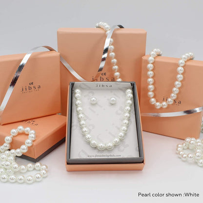 8Mm Hand-Knotted Glass Shell Pearl Necklace Sterling Silver Stud Earring Set - Women Girls Wedding Bridal Tea Party Daily Wear Necklace Set