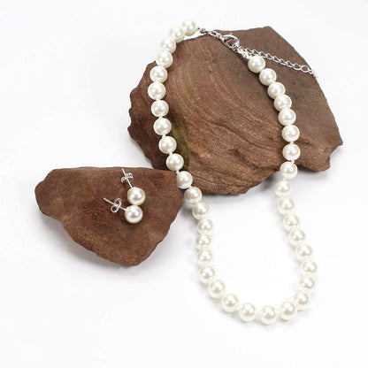 8Mm Hand-Knotted Glass Shell Pearl Necklace Sterling Silver Stud Earring Set - Women Girls Wedding Bridal Tea Party Daily Wear Necklace Set