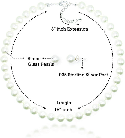 8Mm Hand-Knotted Glass Shell Pearl Necklace Sterling Silver Stud Earring Set - Women Girls Wedding Bridal Tea Party Daily Wear Necklace Set