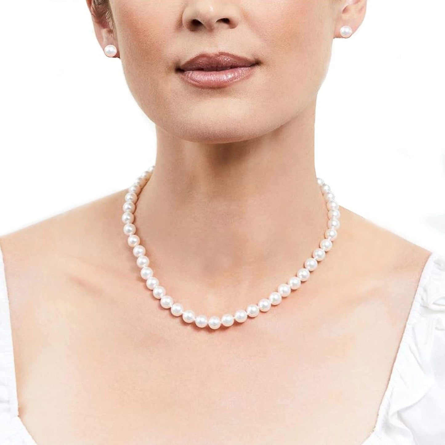 8Mm Hand-Knotted Glass Shell Pearl Necklace Sterling Silver Stud Earring Set - Women Girls Wedding Bridal Tea Party Daily Wear Necklace Set