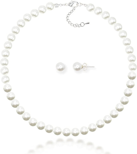 8Mm Hand-Knotted Glass Shell Pearl Necklace Sterling Silver Stud Earring Set - Women Girls Wedding Bridal Tea Party Daily Wear Necklace Set White / 14 Inches
