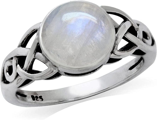 8Mm Natural round Shape Moonstone 925 Sterling Silver Triquetra Celtic Knot Solitaire Ring 8.5