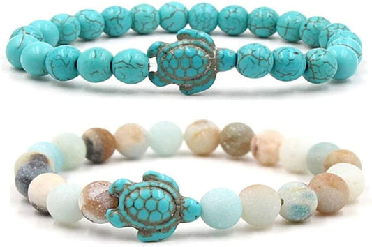 8Mm Sea Turtles Beads Bracelet Turquoise Natutal Stone Elastic Stretch Bracelet for Women Men Apparel & Accessories > Jewelry > Bracelets Caiyao 2pcs Blue&Multi  