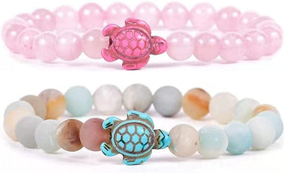 8Mm Sea Turtles Beads Bracelet Turquoise Natutal Stone Elastic Stretch Bracelet for Women Men Apparel & Accessories > Jewelry > Bracelets Caiyao 2pcs Pink&Multi  