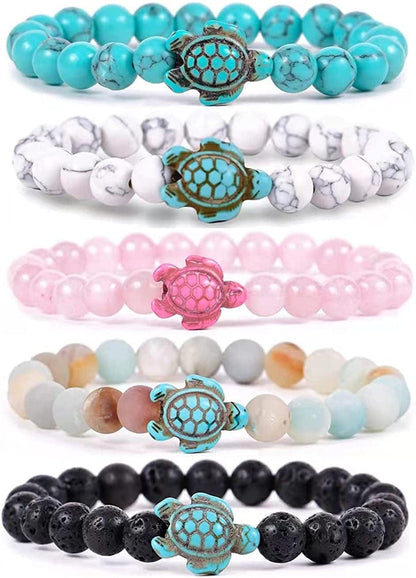 8Mm Sea Turtles Beads Bracelet Turquoise Natutal Stone Elastic Stretch Bracelet for Women Men Apparel & Accessories > Jewelry > Bracelets Caiyao 5 Pcs  