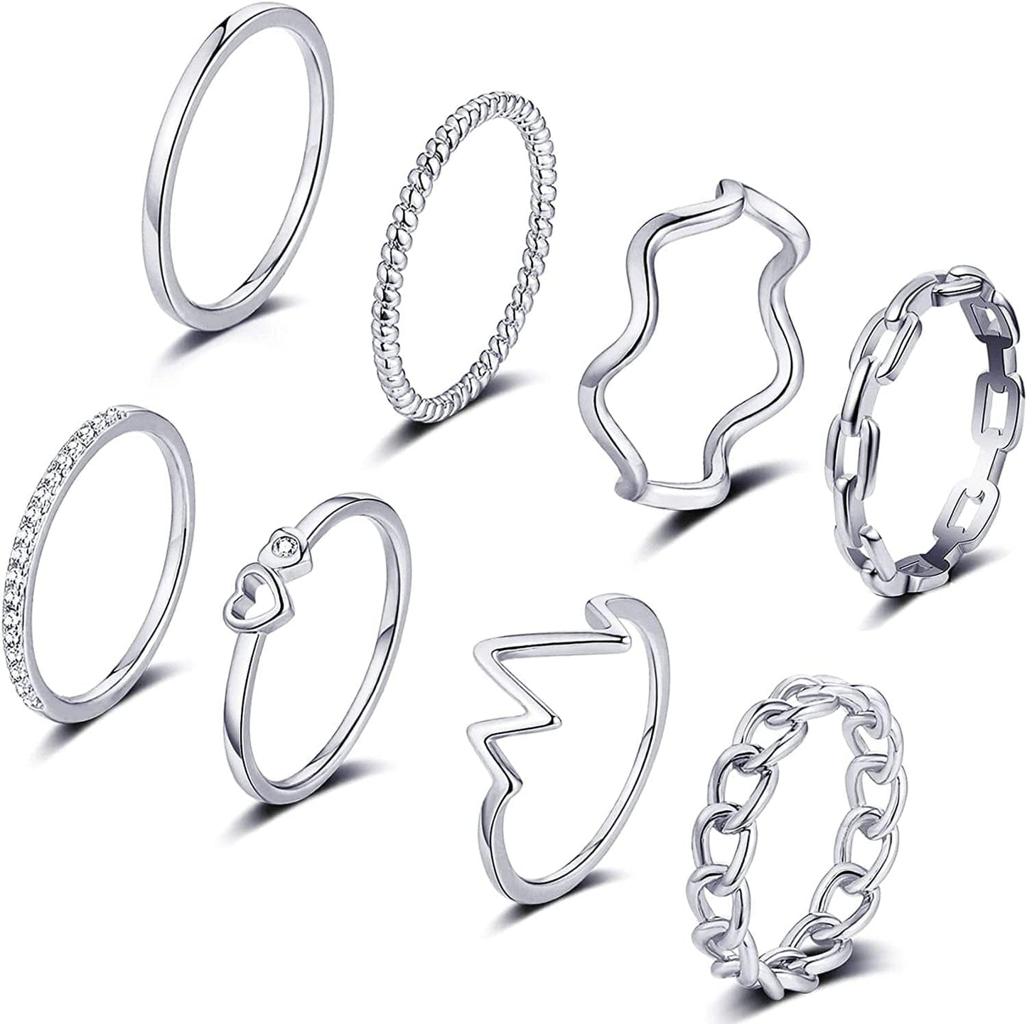 8PCS 14K Gold Plated Stacking Rings for Women Gold Silver Stackable Knuckle Rings Twist Thumb Thin Dainty Gold Band Rings Wave Finger Eternity Silver Ring Set for Teen Girls Size 5 to 11 Silver / 7