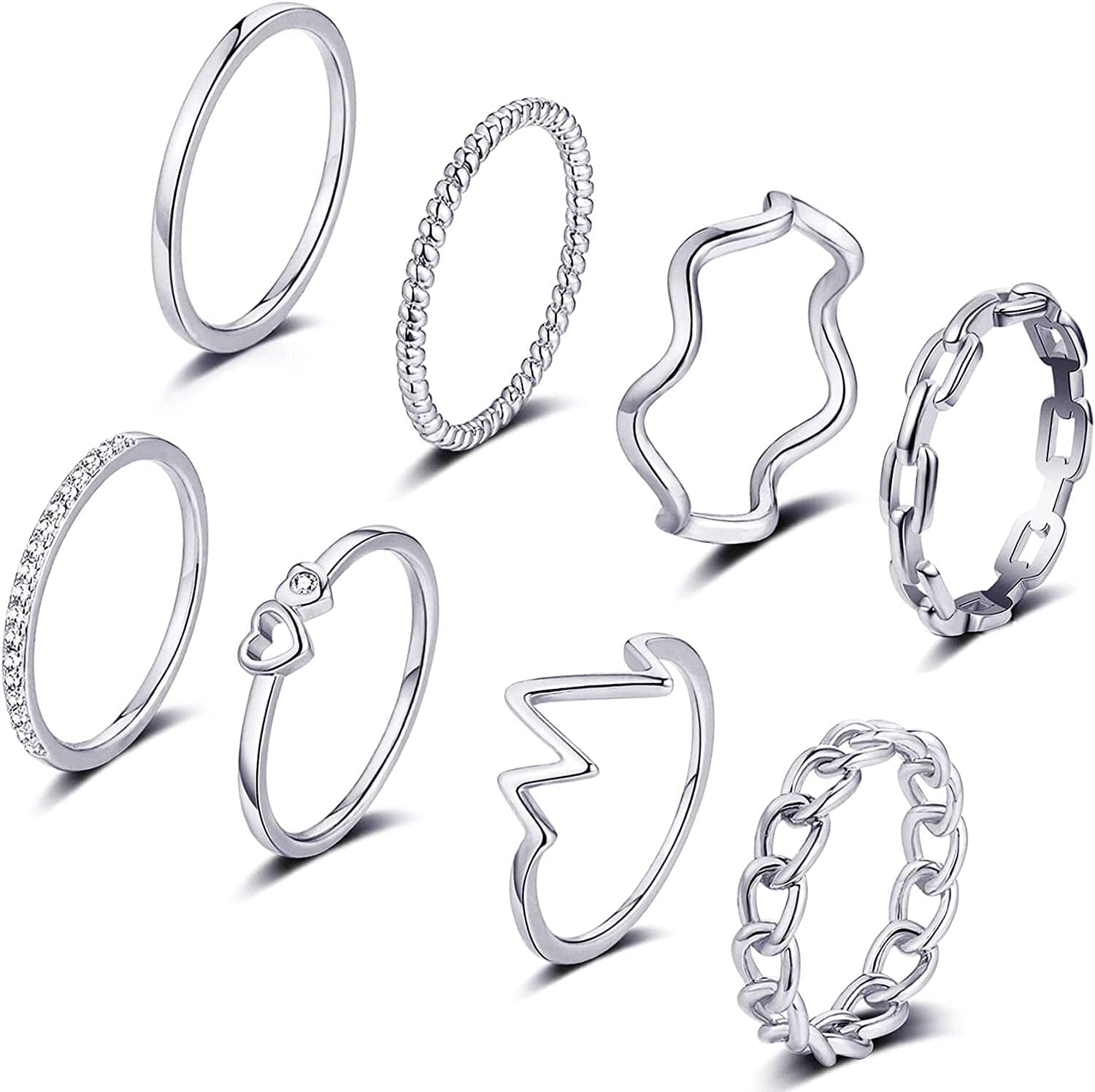 8PCS 14K Gold Plated Stacking Rings for Women Gold Silver Stackable Knuckle Rings Twist Thumb Thin Dainty Gold Band Rings Wave Finger Eternity Silver Ring Set for Teen Girls Size 5 to 11 Silver / 7