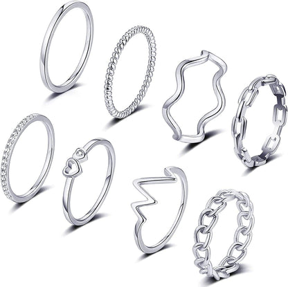 8PCS 14K Gold Plated Stacking Rings for Women Gold Silver Stackable Knuckle Rings Twist Thumb Thin Dainty Gold Band Rings Wave Finger Eternity Silver Ring Set for Teen Girls Size 5 to 11 Silver / 7