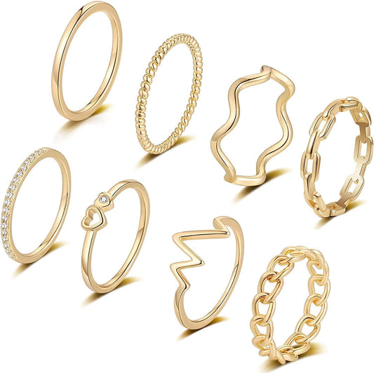 8PCS 14K Gold Plated Stacking Rings for Women Gold Silver Stackable Knuckle Rings Twist Thumb Thin Dainty Gold Band Rings Wave Finger Eternity Silver Ring Set for Teen Girls Size 5 to 11 Gold / 11
