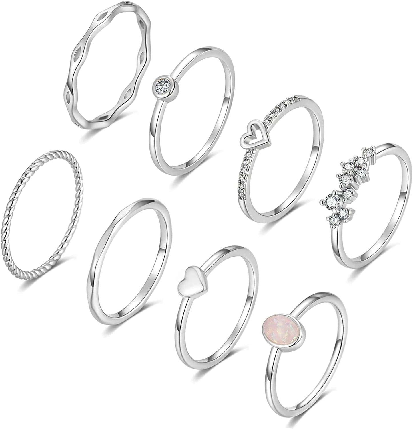 8PCS 14K Gold/Silver Plated Stacking Ring Set for Women Teen Dainty Thumb Stackable Rings Gold Heart CZ Statement Rings Plain Band Size 4-11 Silver Tone / 8
