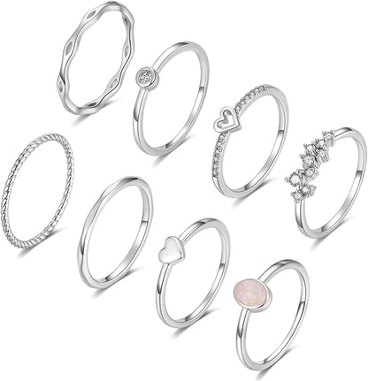 8PCS 14K Gold/Silver Plated Stacking Ring Set for Women Teen Dainty Thumb Stackable Rings Gold Heart CZ Statement Rings Plain Band Size 4-11 Silver Tone / 8