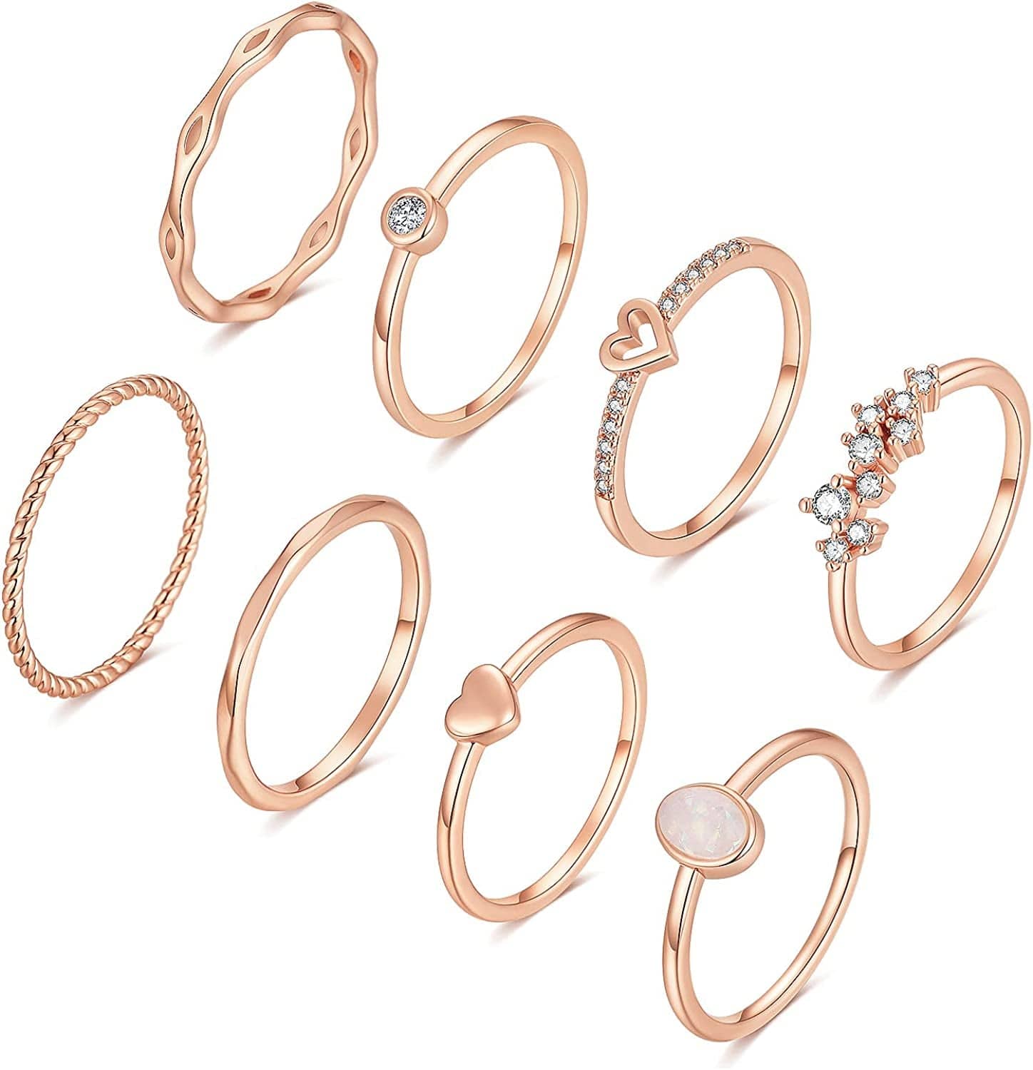 8PCS 14K Gold/Silver Plated Stacking Ring Set for Women Teen Dainty Thumb Stackable Rings Gold Heart CZ Statement Rings Plain Band Size 4-11 Rose Gold / 6