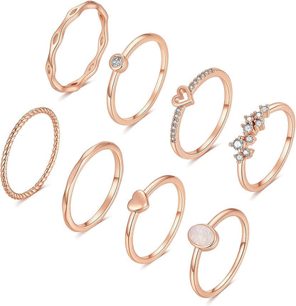 8PCS 14K Gold/Silver Plated Stacking Ring Set for Women Teen Dainty Thumb Stackable Rings Gold Heart CZ Statement Rings Plain Band Size 4-11 Rose Gold / 6