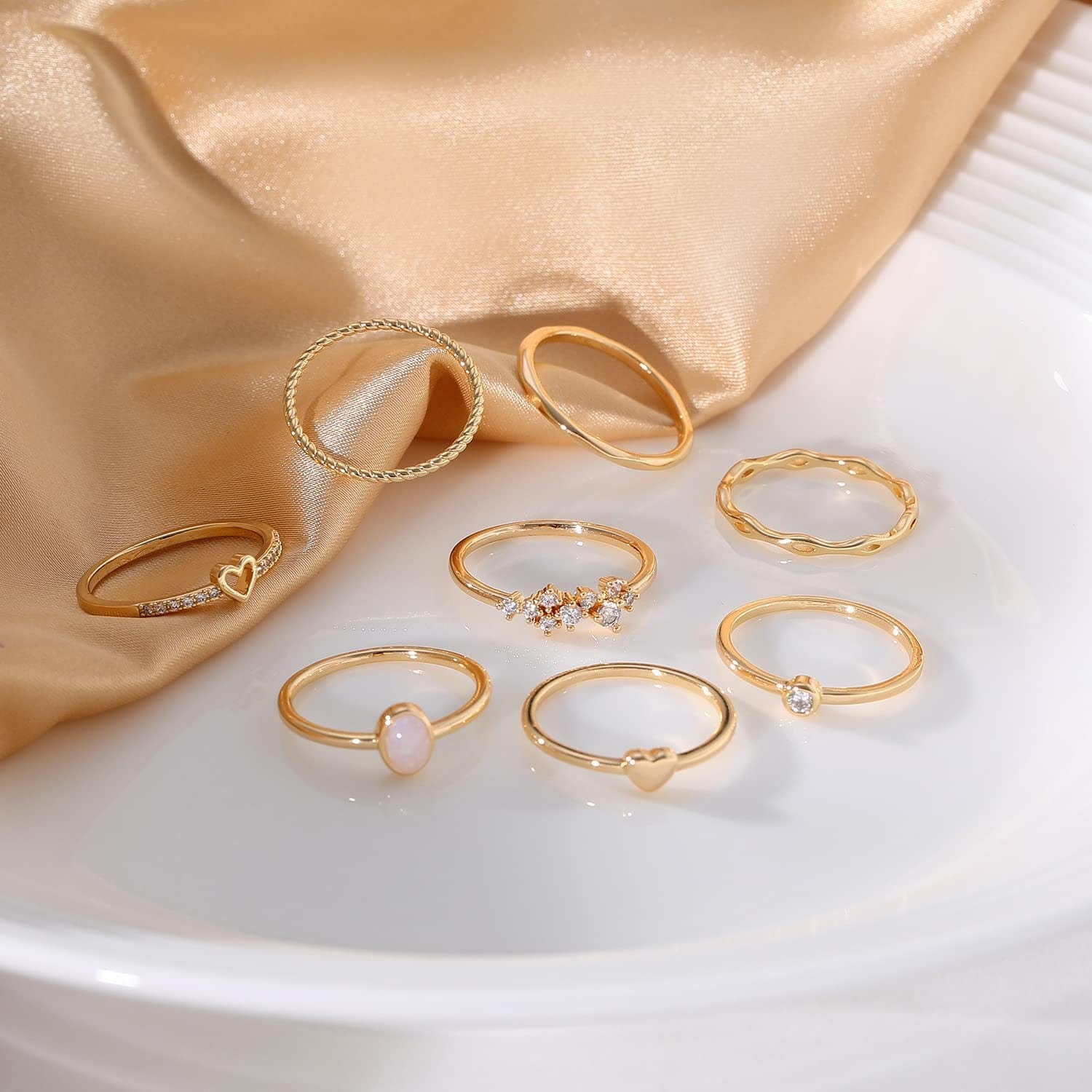 8PCS 14K Gold/Silver Plated Stacking Ring Set for Women Teen Dainty Thumb Stackable Rings Gold Heart CZ Statement Rings Plain Band Size 4-11