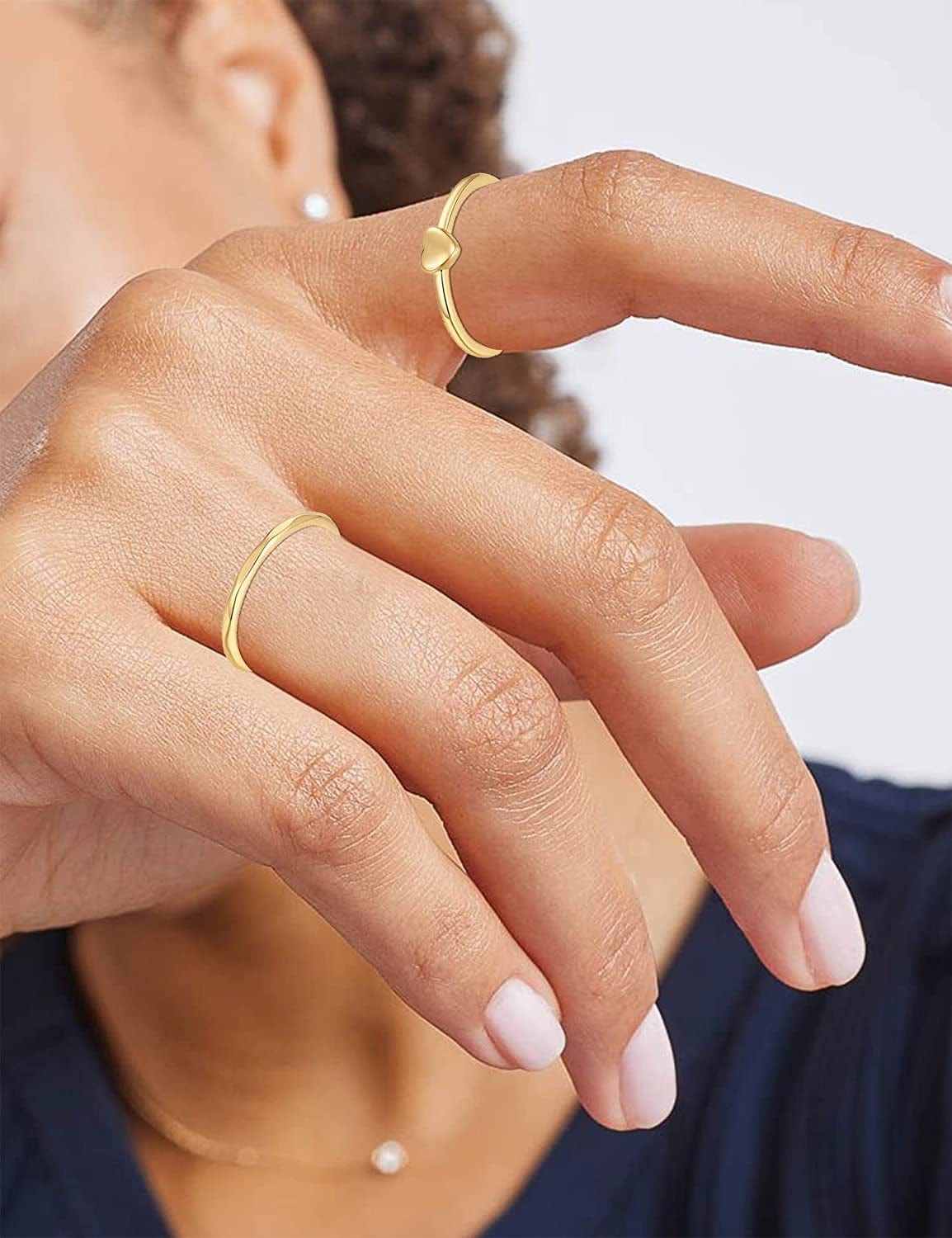 8PCS 14K Gold/Silver Plated Stacking Ring Set for Women Teen Dainty Thumb Stackable Rings Gold Heart CZ Statement Rings Plain Band Size 4-11