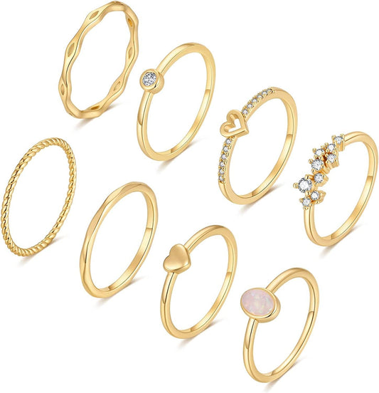 8PCS 14K Gold/Silver Plated Stacking Ring Set for Women Teen Dainty Thumb Stackable Rings Gold Heart CZ Statement Rings Plain Band Size 4-11 Gold Tone / 8