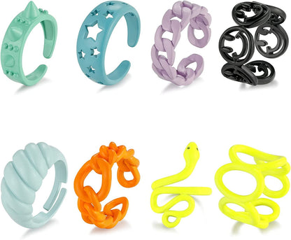 8Pcs Colorful Y2K Rings Aesthetic Chunky Rings for Women Alloy Knuckle Ring Set Snake Cute Ring Acrylic Stackable Ring Sets for Girls Preppy Funky Rings Gift for Teens Set #2