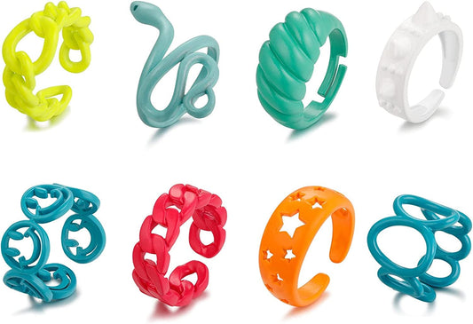 8Pcs Colorful Y2K Rings Aesthetic Chunky Rings for Women Alloy Knuckle Ring Set Snake Cute Ring Acrylic Stackable Ring Sets for Girls Preppy Funky Rings Gift for Teens Set #3