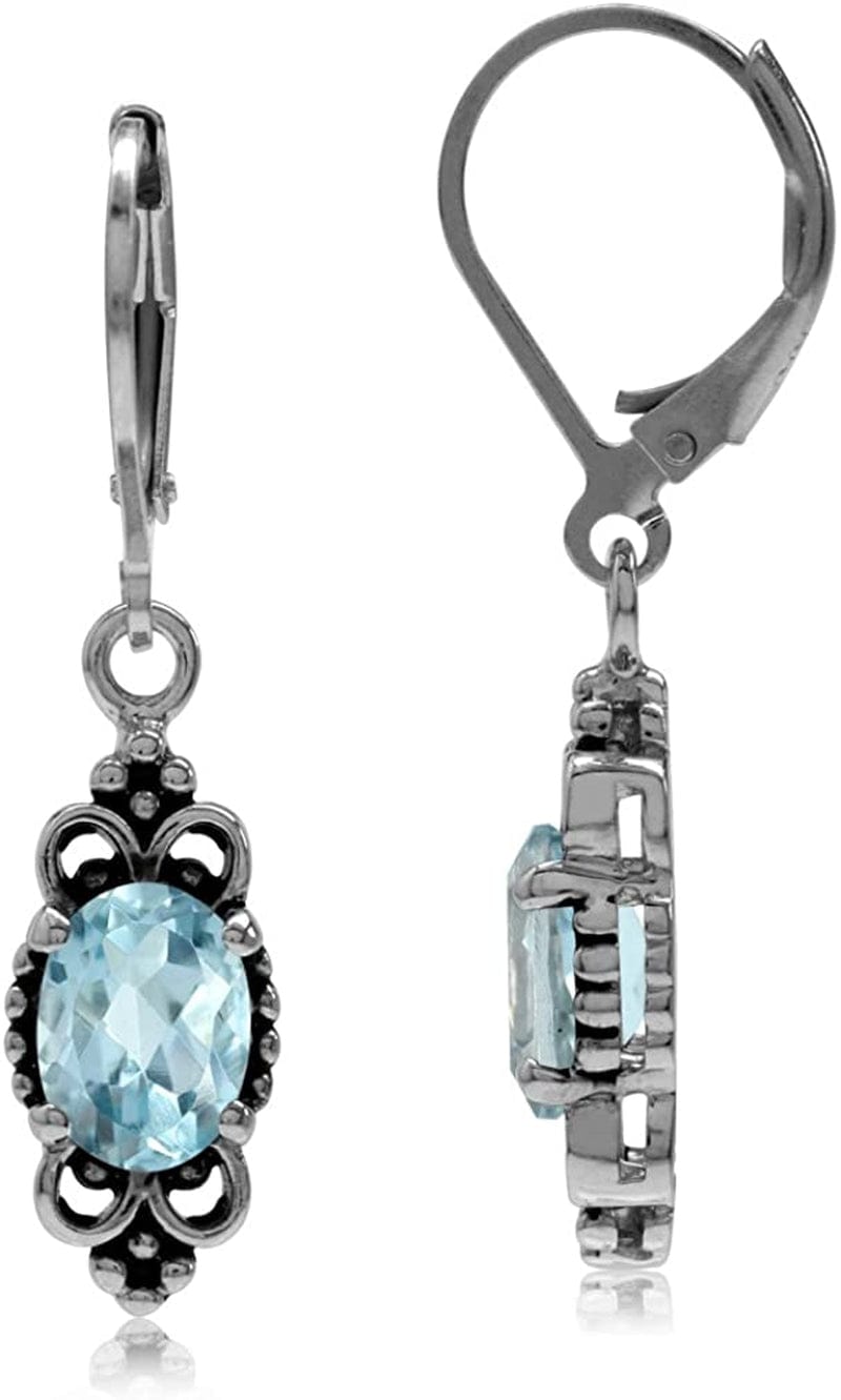 8X6Mm Oval Shape 925 Sterling Silver Bali Balinese Style Leverback Dangle Earrings… genuine blue topaz