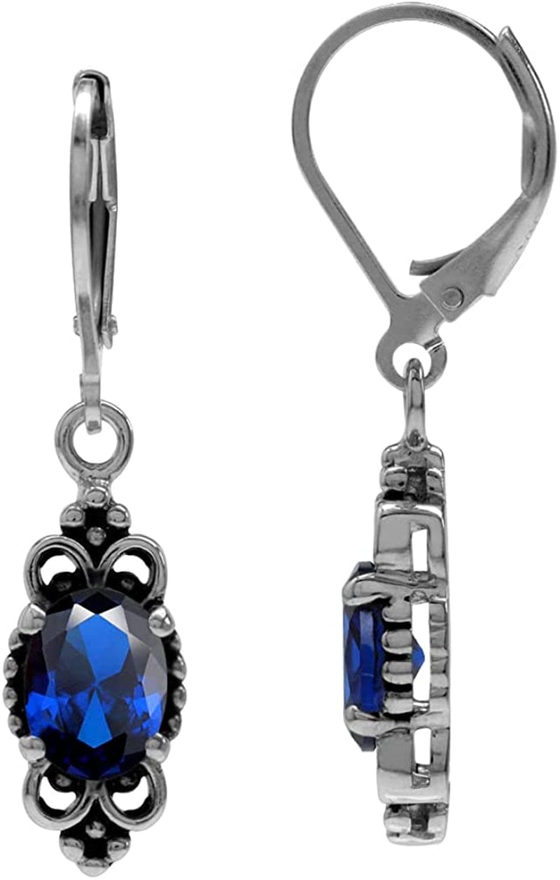 8X6Mm Oval Shape 925 Sterling Silver Bali Balinese Style Leverback Dangle Earrings… Created Sapphire